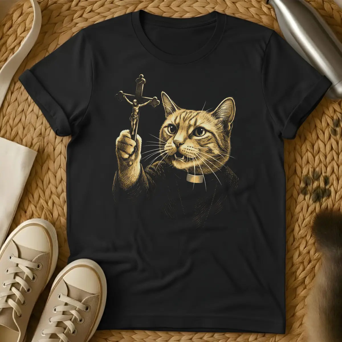 Black - Cat holding crucifix with halo, gold religious artwork on charcoal gray t-shirt, flat lay styling