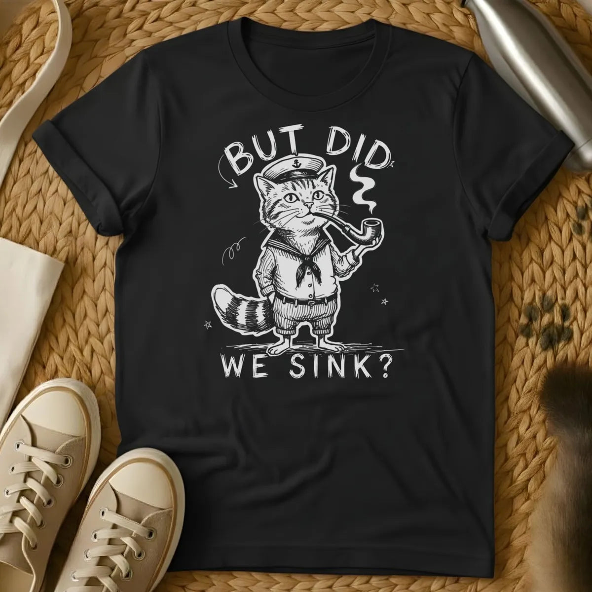 Black - Dark grey t-shirt with a vintage engraving of a pipe-smoking tabby cat in sailor uniform and anchor captain hat, text reads But Did We Sink