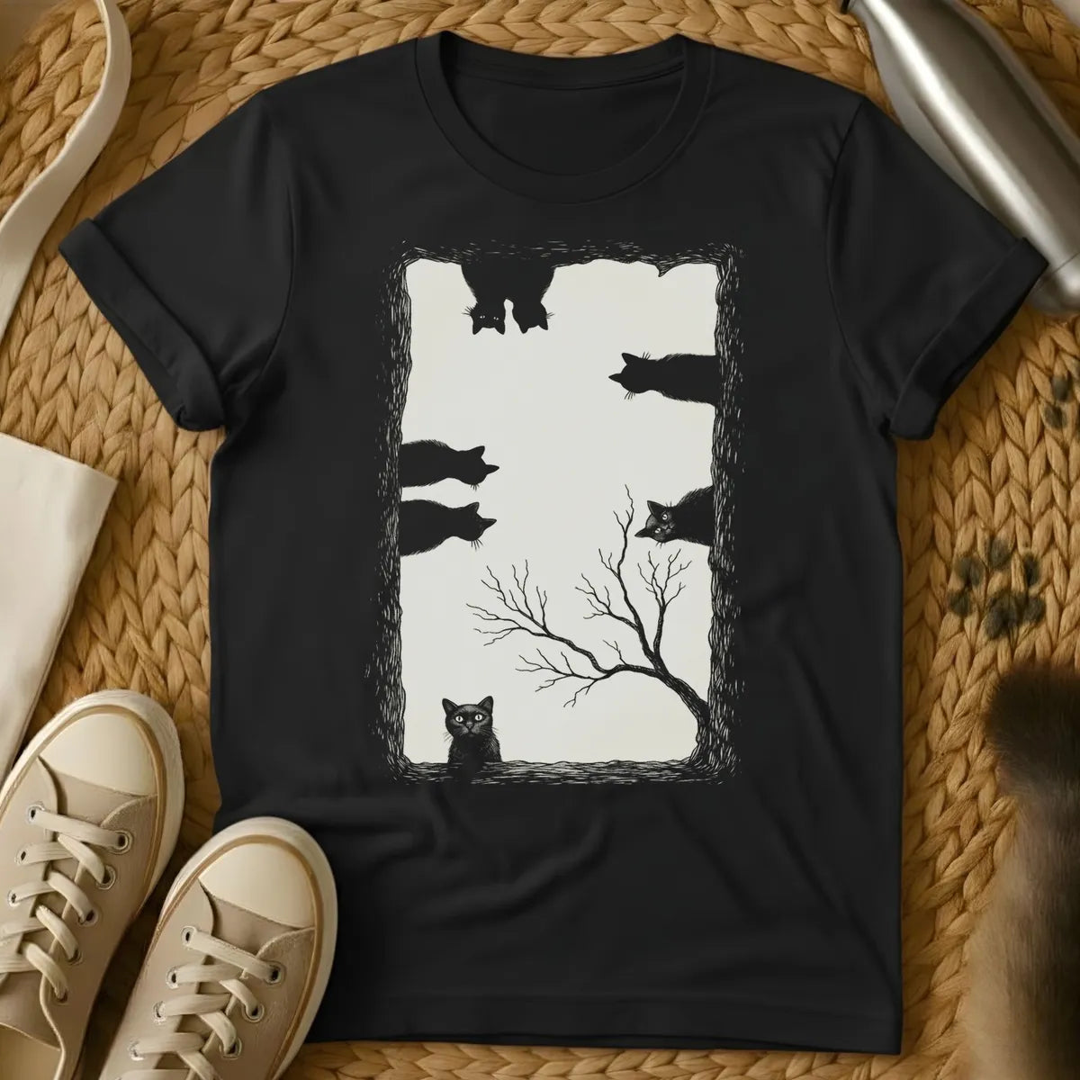 Black - Dark t-shirt with silhouette artwork of cats flying above a bare tree and cat watching below, black and white design