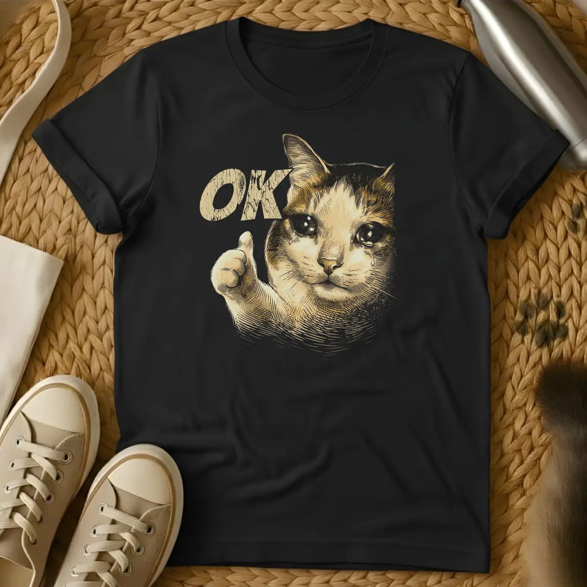Black - Dark heather t-shirt with a Victorian engraving of a crying cat giving a thumbs-up next to the word OK