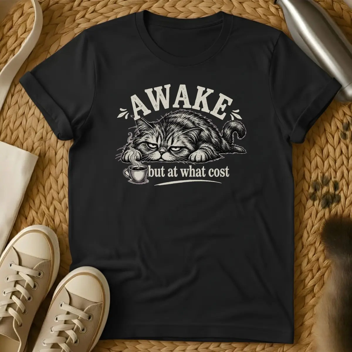 Black - Navy t-shirt with a grumpy lounging cat and coffee cup illustration reading Awake But At What Cost in vintage engraving style