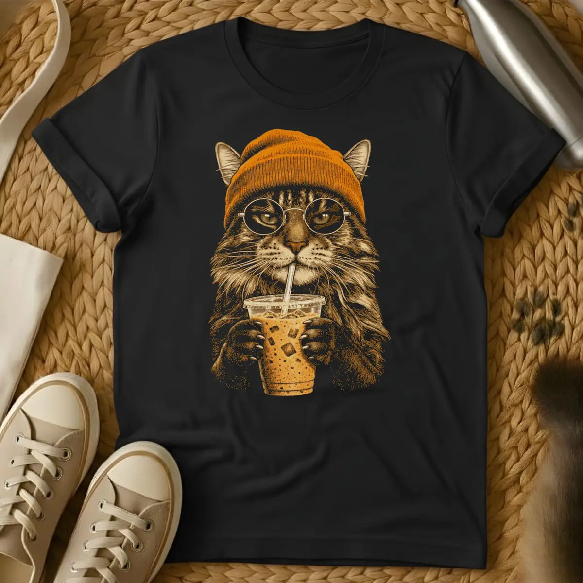 Black - Dark gray t-shirt with sepia illustration of a fluffy cat in an orange beanie and round glasses sipping iced coffee through a straw