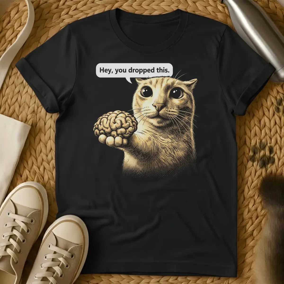 Black - Dark heather grey t-shirt with a vintage engraving-style cat holding a human brain with the caption Hey you dropped this