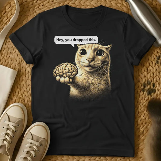 Black - Dark heather grey t-shirt with a vintage engraving-style cat holding a human brain with the caption Hey you dropped this