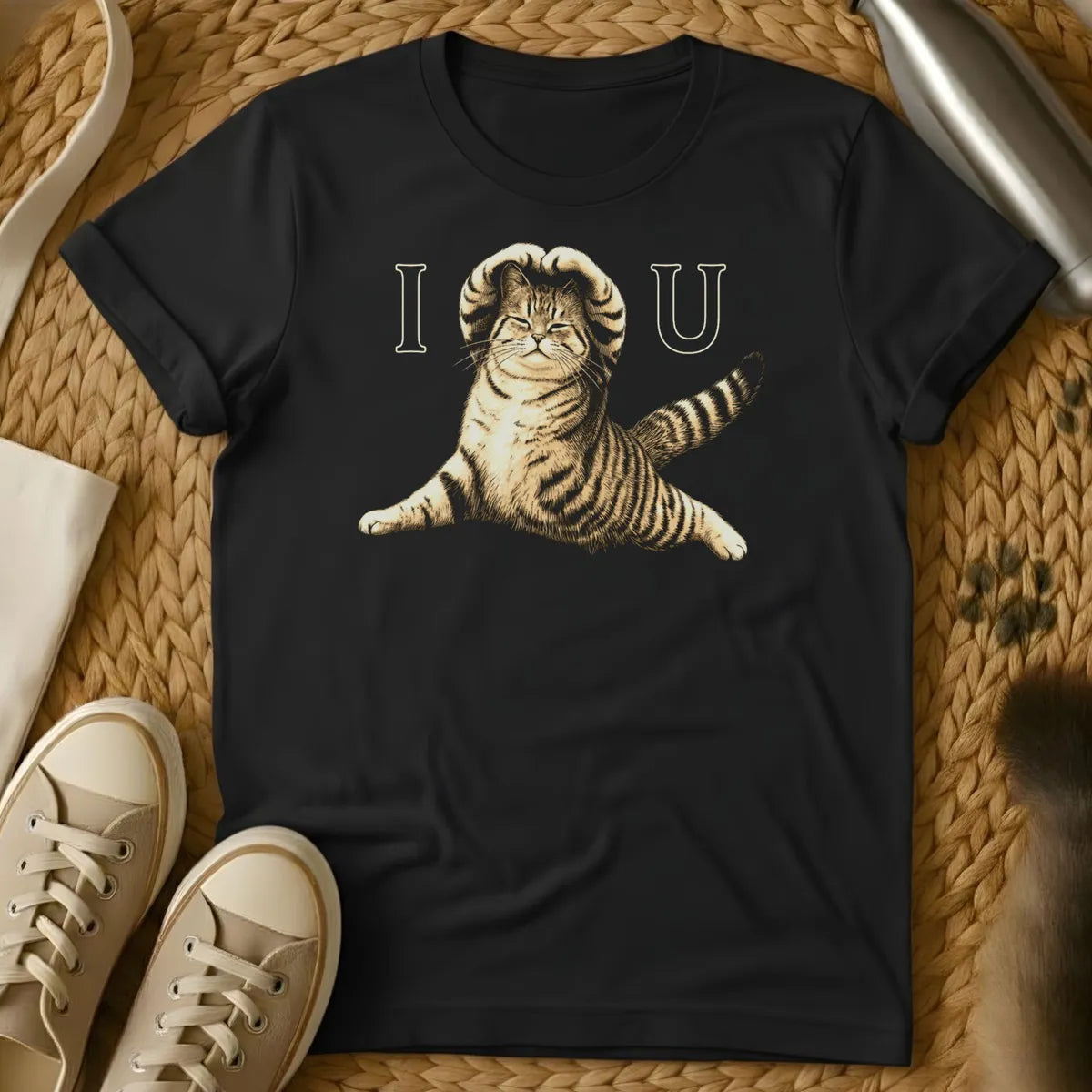 Black - Dark gray t-shirt with "I [cat] U" design featuring a playful tabby cat illustration in the center, styled as a love message.