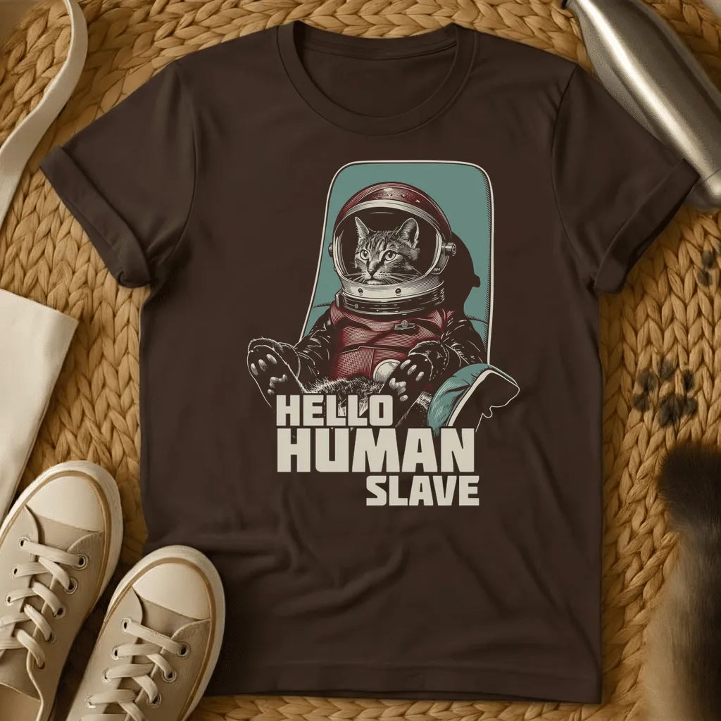 Dark Chocolate - Dark gray t-shirt with a retro illustrated tabby cat in a red astronaut spacesuit and helmet with text Hello Human Slave