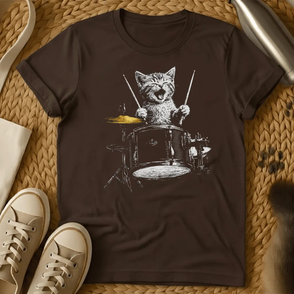 Dark Chocolate - Forest green t-shirt with a sketch of a happy kitten playing a full drum kit with drumsticks, mouth open, cymbal mid-crash