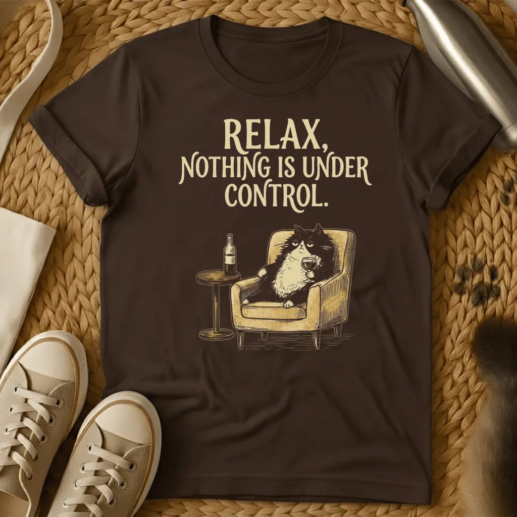 Dark Chocolate - Dark gray t-shirt with cream text reading "RELAX, NOTHING IS UNDER CONTROL" and illustration of a cat in an armchair holding a wine glass