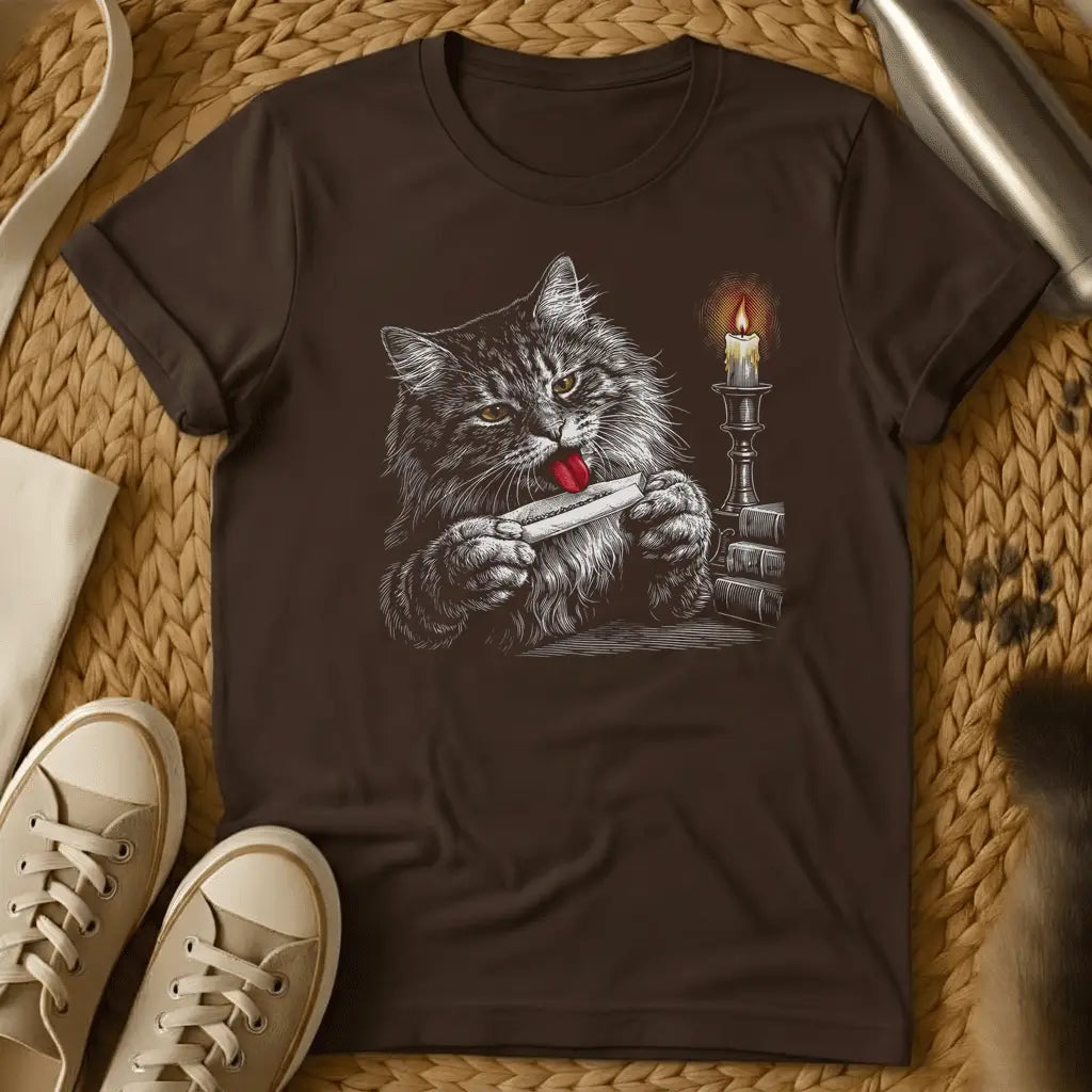 Dark Chocolate - Dark heather t-shirt with engraved fluffy cat licking a rolled joint held in both paws beside a lit candlestick and stack of books