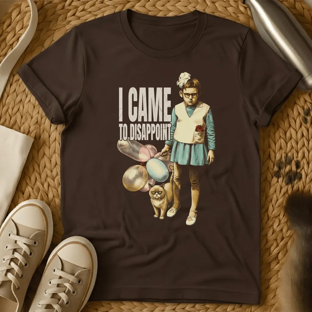 Dark Chocolate - Dark gray t-shirt with vintage-style illustration of a girl holding tennis rackets and a grumpy cat, text reading "I CAME TO DISAPPOINT