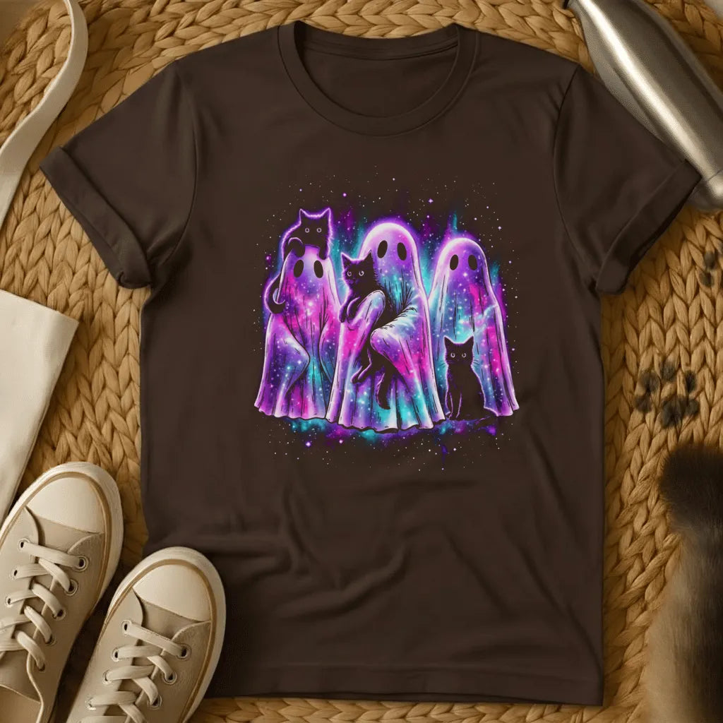 Dark Chocolate - Black t-shirt with neon glowing ghosts and black cats in purple and cyan galaxy colors on a dark starry background