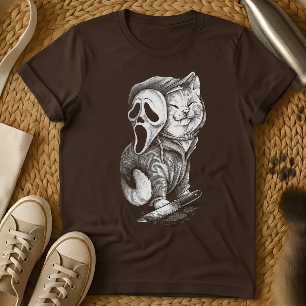 Dark Chocolate - Dark heather t-shirt with pencil art of a grinning cat lifting a ghost scream mask holding a bloody knife