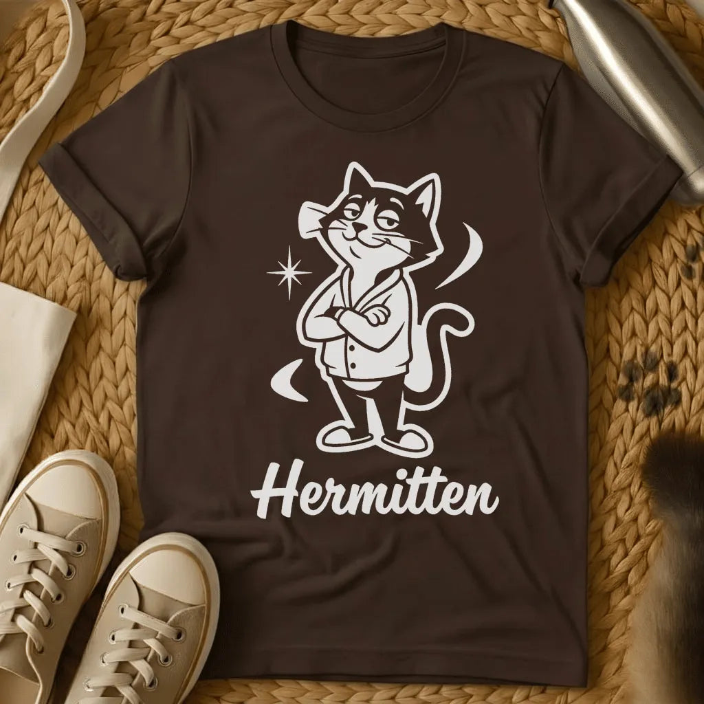 Dark Chocolate - Black t-shirt with retro cartoon smug cat in button-up shirt, arms crossed, tail curled, sparkle accent, script text Hermitten below