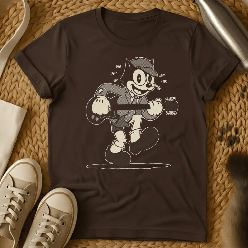 Dark Chocolate - Dark brown t-shirt with a cream retro 1930s cartoon cat in a newsboy cap and suit playing electric guitar mid-stride