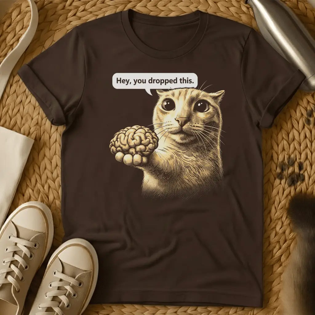 Dark Chocolate - Dark heather grey t-shirt with a vintage engraving-style cat holding a human brain with the caption Hey you dropped this