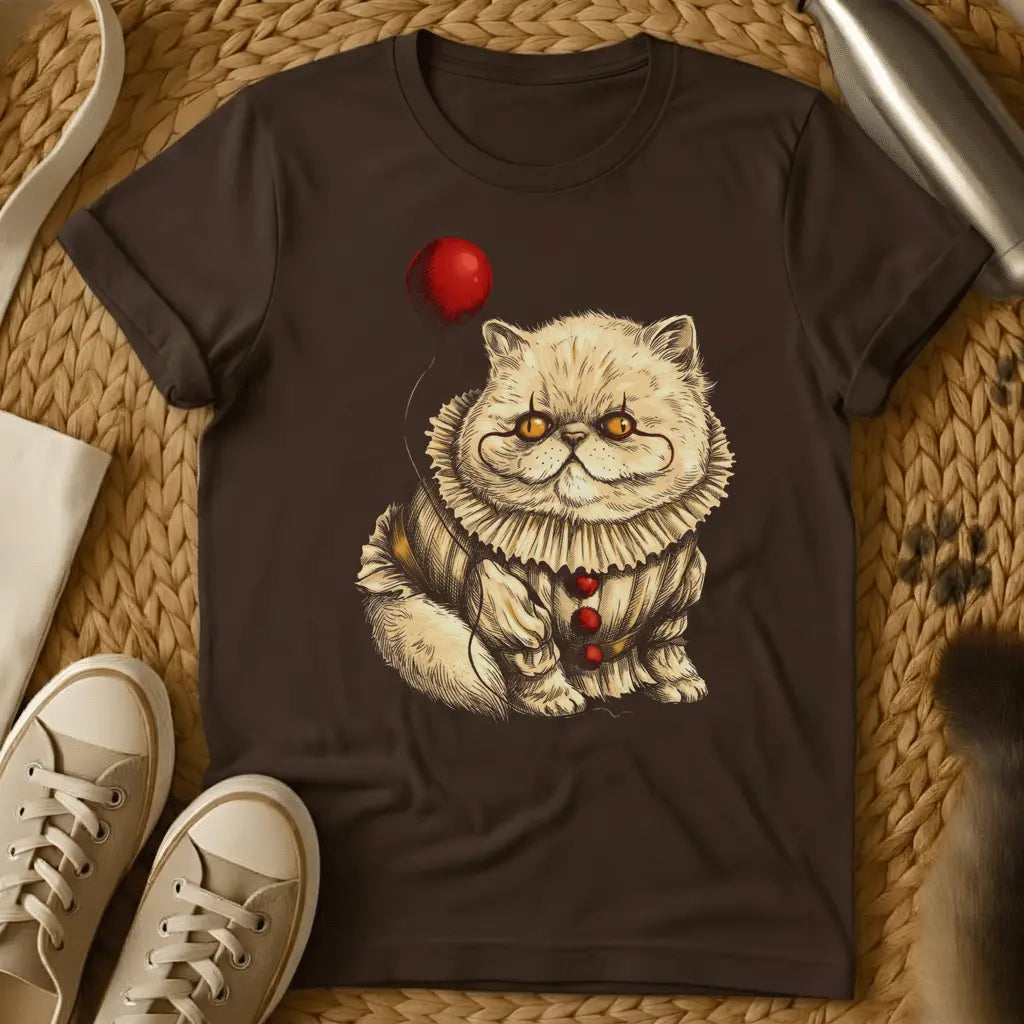 Dark Chocolate - Fluffy white cat with golden eyes wearing a collar, with a red balloon above, on dark brown t-shirt