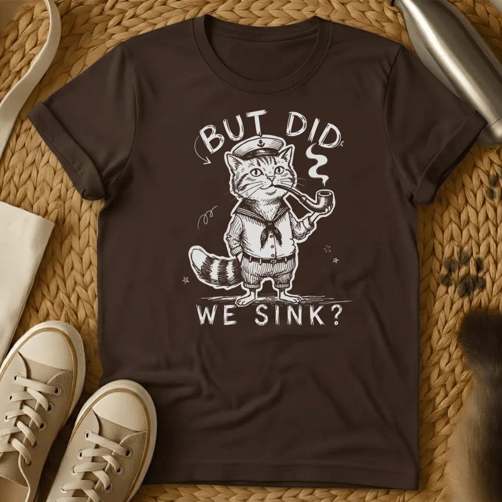 Dark Chocolate - Dark grey t-shirt with a vintage engraving of a pipe-smoking tabby cat in sailor uniform and anchor captain hat, text reads But Did We Sink