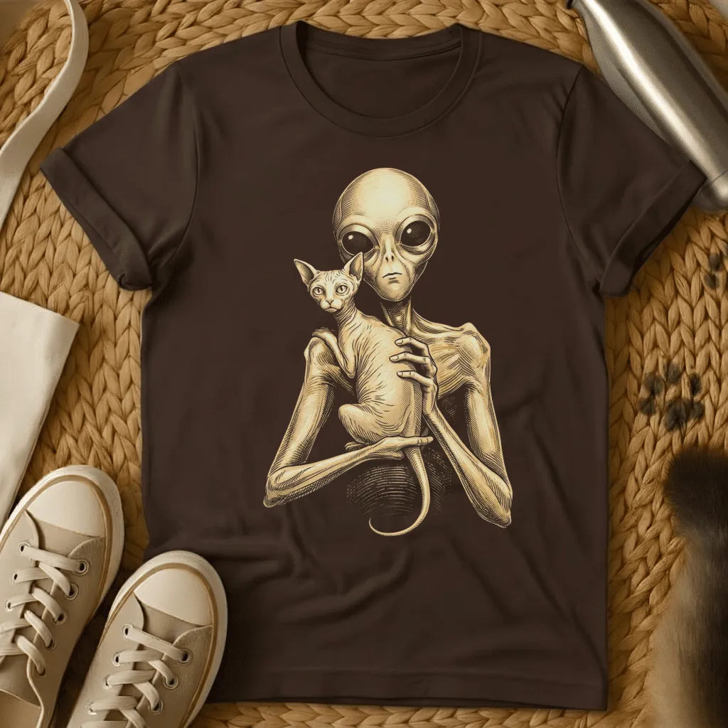Dark Chocolate - Dark gray t-shirt with sepia engraving of a gray alien holding a hairless Sphynx cat against its chest