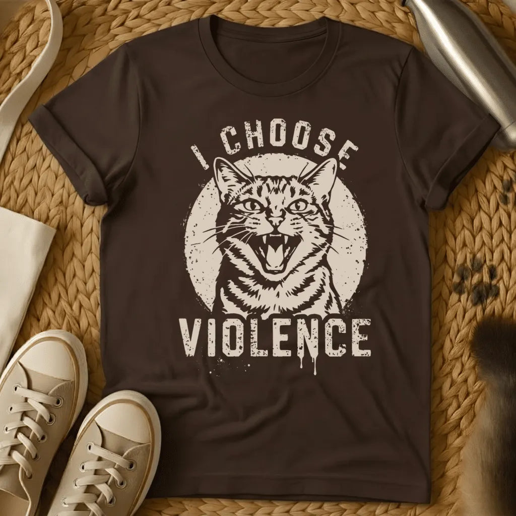 Dark Chocolate - Maroon unisex t-shirt with a hissing angry cat face and bold text reading I Choose Violence in vintage cream print