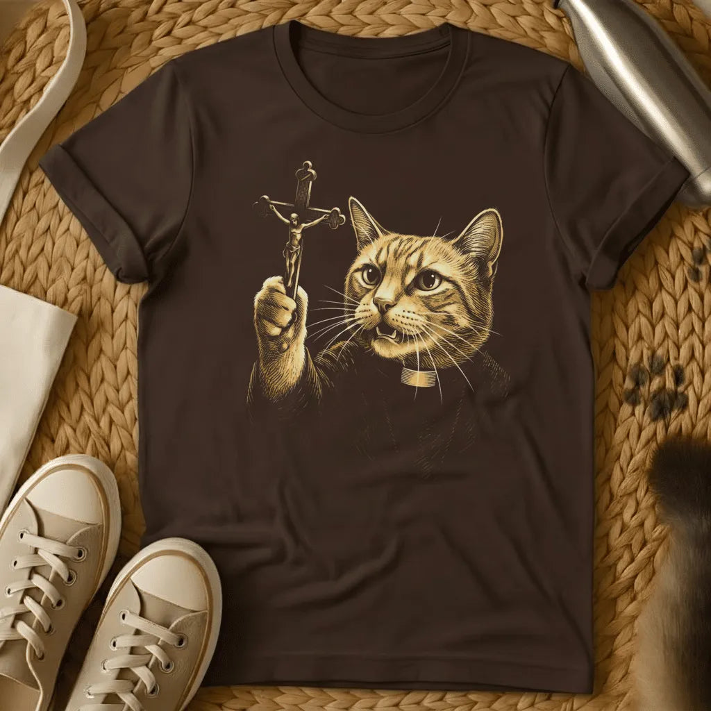 Dark Chocolate - Cat holding crucifix with halo, gold religious artwork on charcoal gray t-shirt, flat lay styling