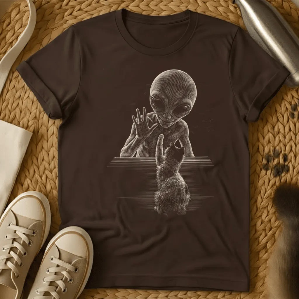Dark Chocolate - Dark grey t-shirt with monochrome engraving of a grey alien and fluffy cat reaching toward each other across a flat surface