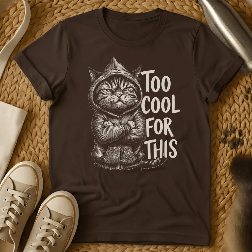 Dark Chocolate - Dark grey t-shirt with a sketch of a grumpy hooded cat arms crossed beside text reading Too Cool For This