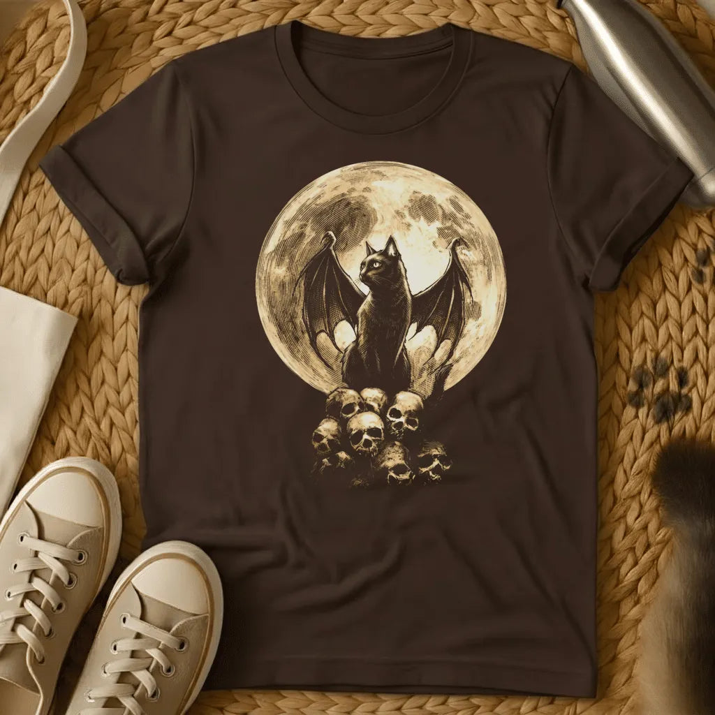 Dark Chocolate - Dark gray t-shirt with gothic bat illustration perched on skulls against a full moon backdrop, printed in cream and black tones
