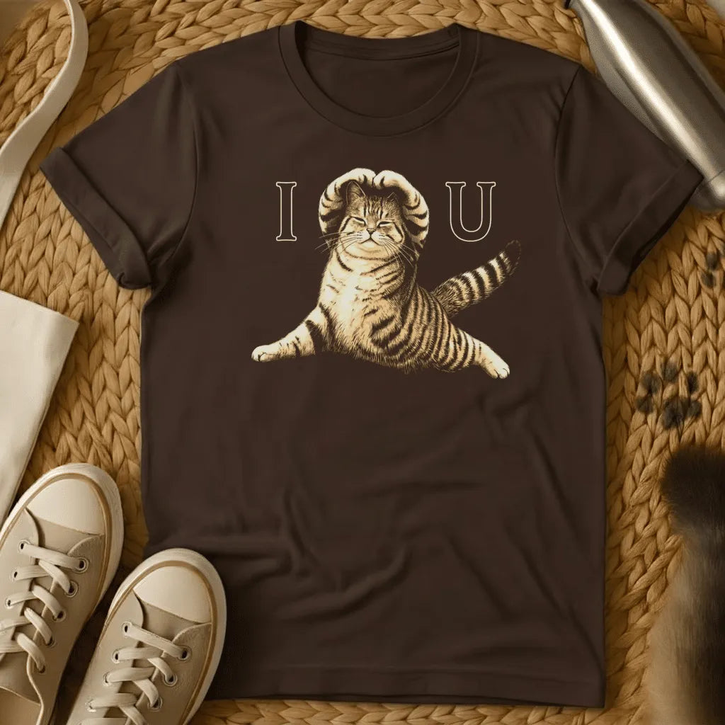 Dark Chocolate - Dark gray t-shirt with "I [cat] U" design featuring a playful tabby cat illustration in the center, styled as a love message.