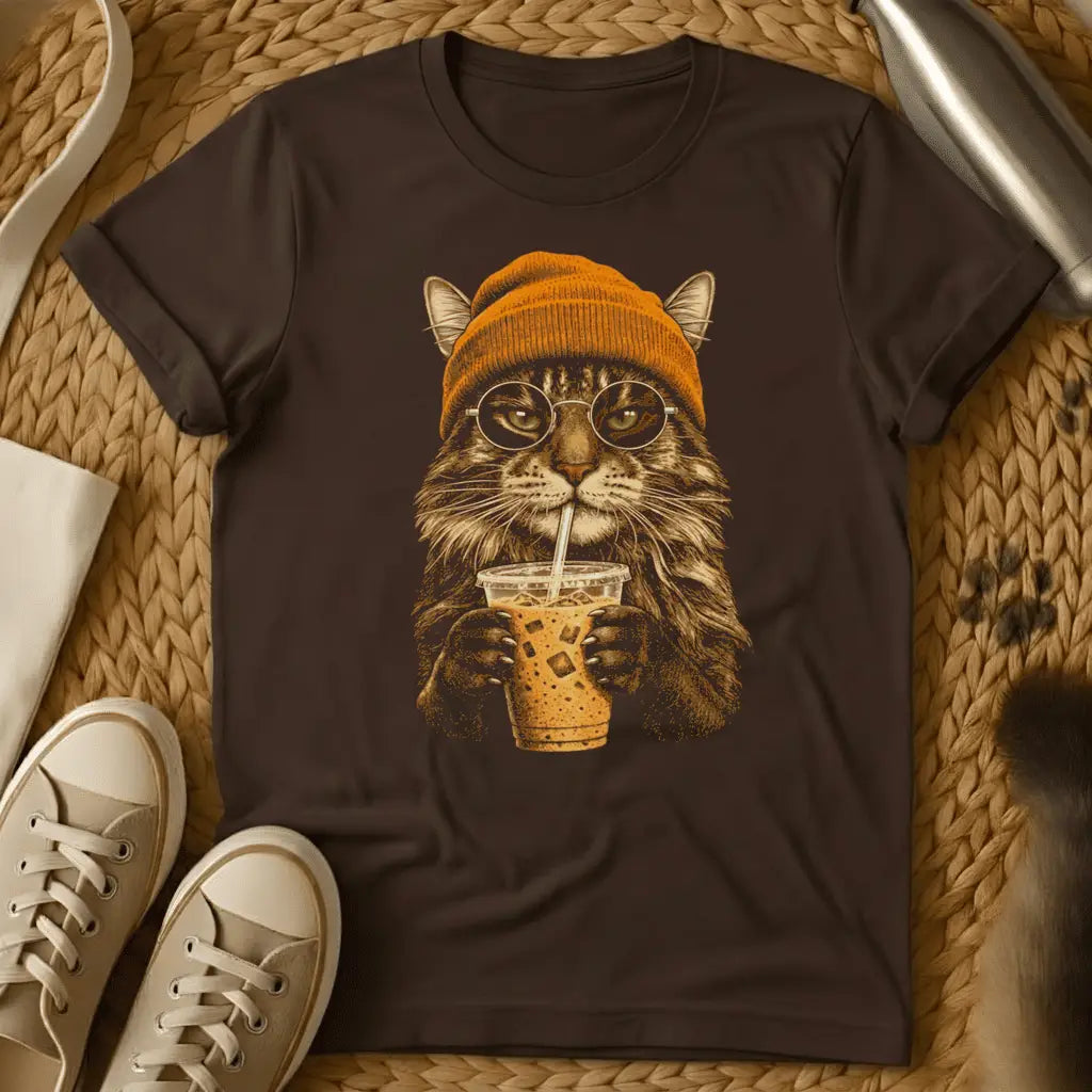 Dark Chocolate - Dark gray t-shirt with sepia illustration of a fluffy cat in an orange beanie and round glasses sipping iced coffee through a straw