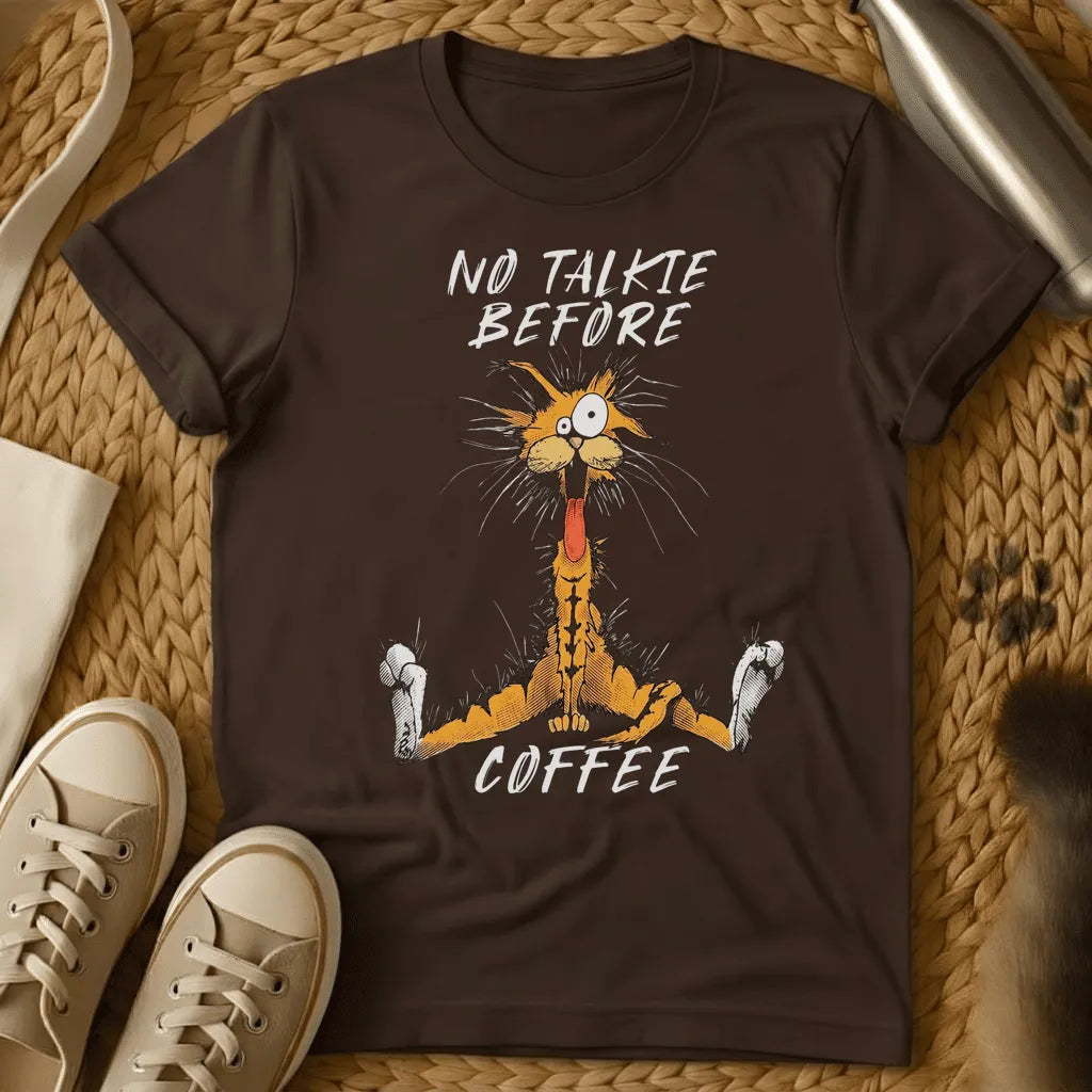 Dark Chocolate - Dark grey t-shirt with a wild-eyed frantic orange cartoon cat mouth open fur standing on end text reads No Talkie Before Coffee