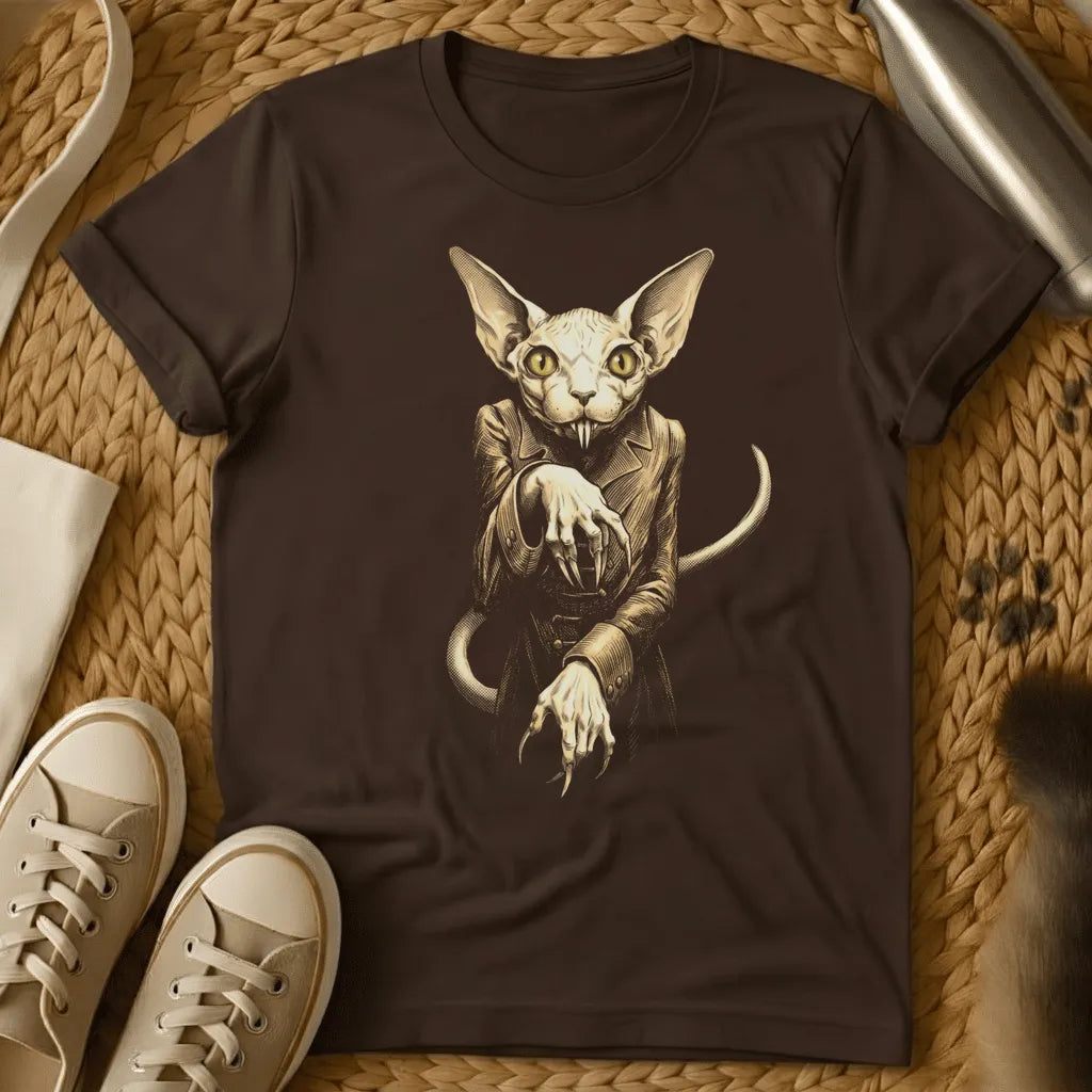 Dark Chocolate - Dark gray t-shirt with tan and cream illustration of a hairless Sphynx cat wearing clothes, displayed flat on woven background with sneakers