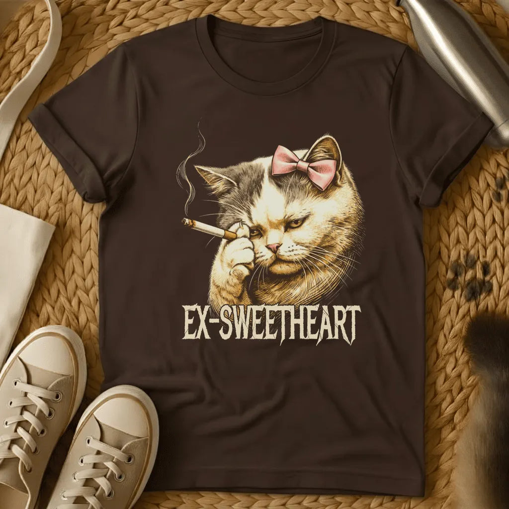 Dark Chocolate - Gray t-shirt featuring an illustrated cat with a pink bow smoking a cigarette, text reading "EX-SWEETHEART" below.