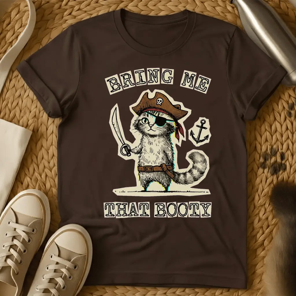Dark Chocolate - Green t-shirt with a pirate cat in tricorn hat and eye patch holding a cutlass, text reads Bring Me That Booty