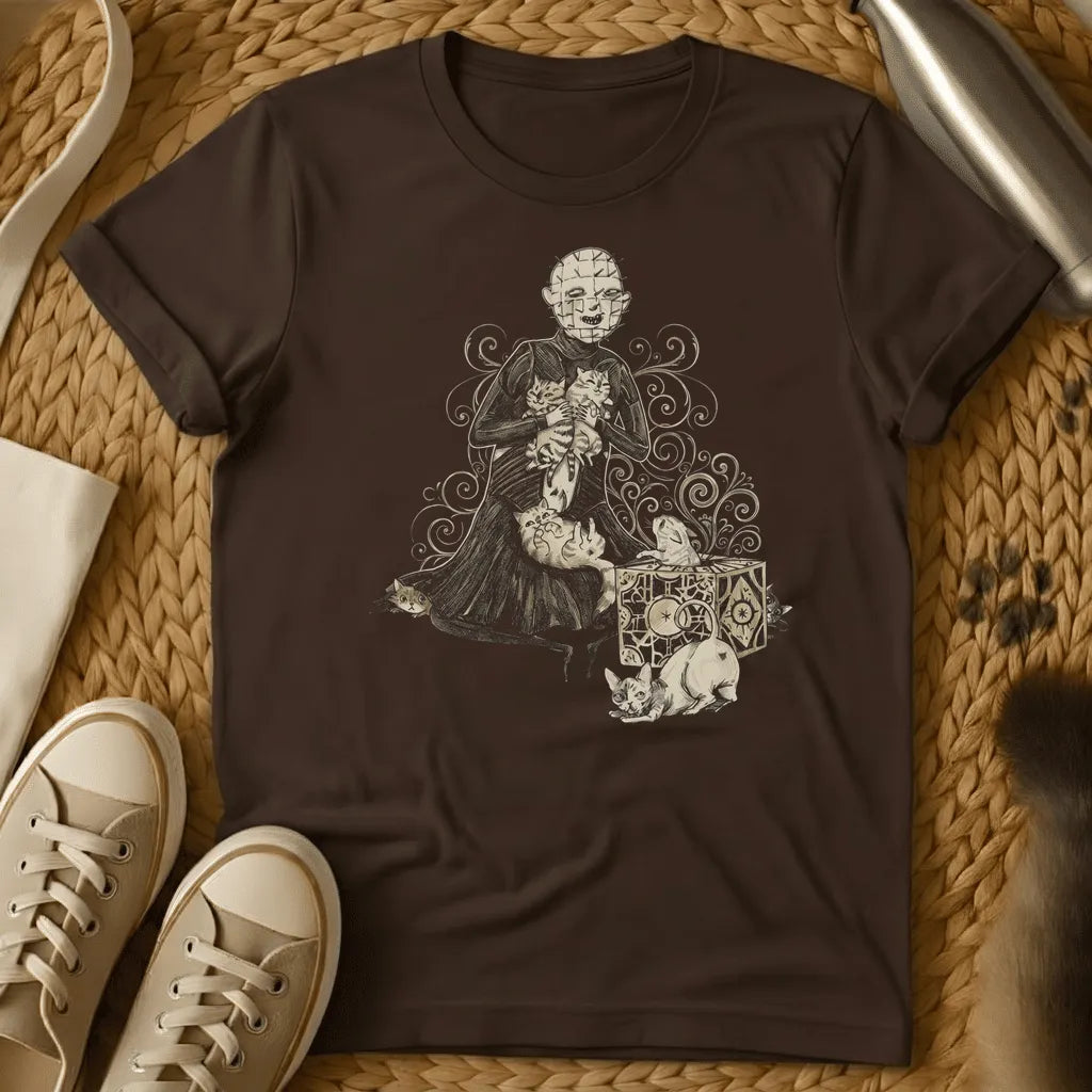 Dark Chocolate - Dark brown t-shirt with white line art illustration of a skeletal figure in robes holding cats, surrounded by ornate decorative swirls and mystical sy