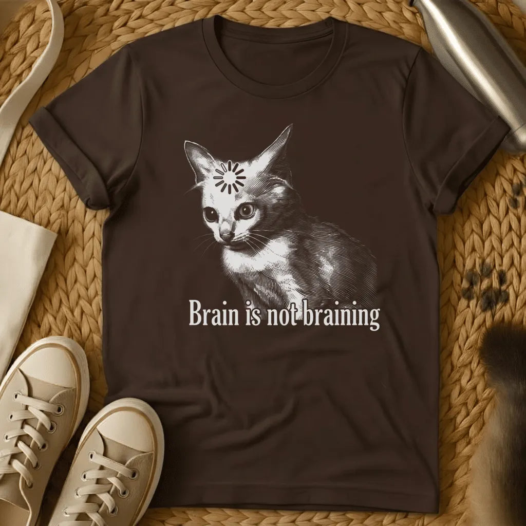 Dark Chocolate - Dark heather grey t-shirt with vintage engraving cat featuring a loading spinner on its forehead and text Brain is not braining
