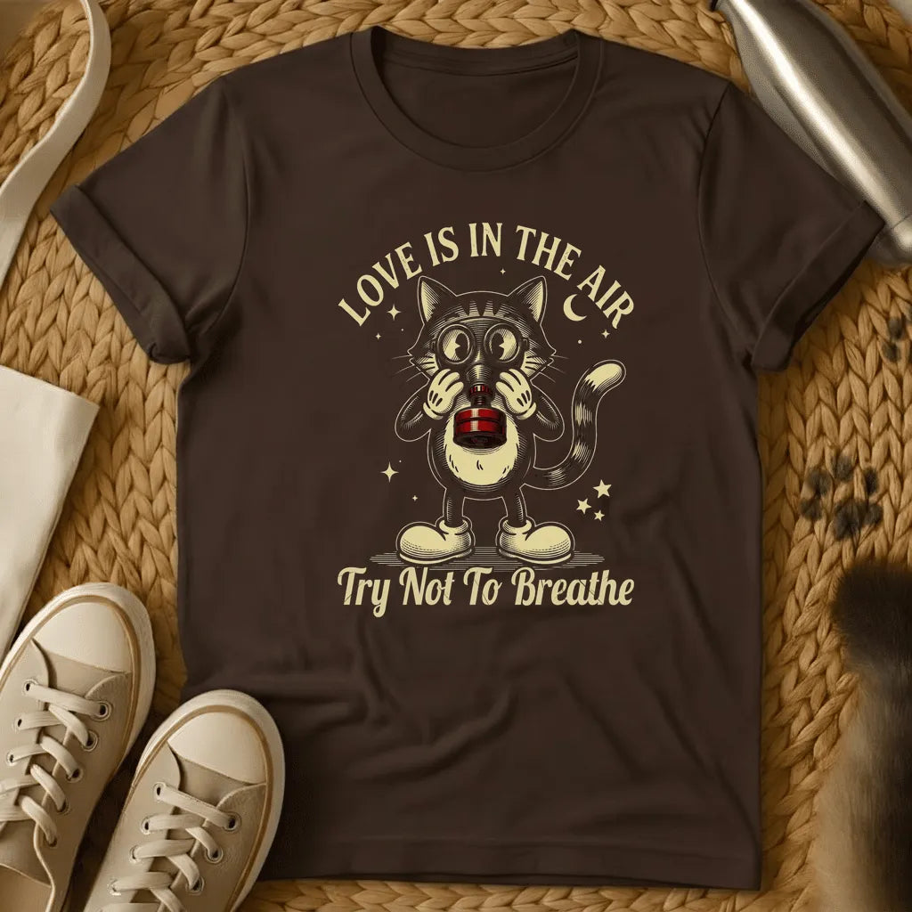 Dark Chocolate - Dark heather t-shirt with a vintage cartoon cat wearing a gas mask and goggles, stars and crescent moon, retro anti-Valentine design