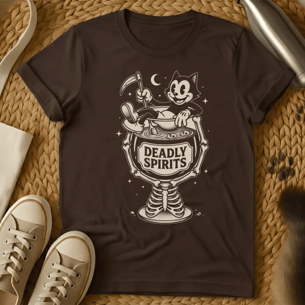 Dark Chocolate - Dark heather t-shirt with vintage cartoon cat in a skeleton goblet holding a scythe labeled Deadly Spirits retro Halloween design