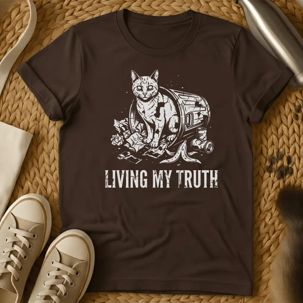 Dark Chocolate - Dark gray t-shirt featuring a cat in a trash can with "LIVING MY TRUTH" text, illustrated in white line art style.