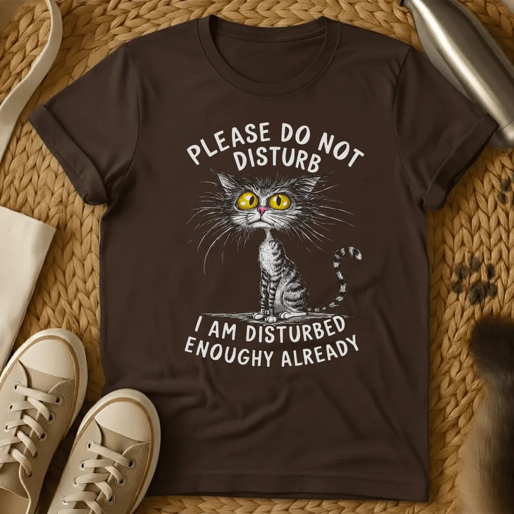 Dark Chocolate - Dark heather grey t-shirt with a sketchy wild-eyed tabby cat and humorous do not disturb slogan text