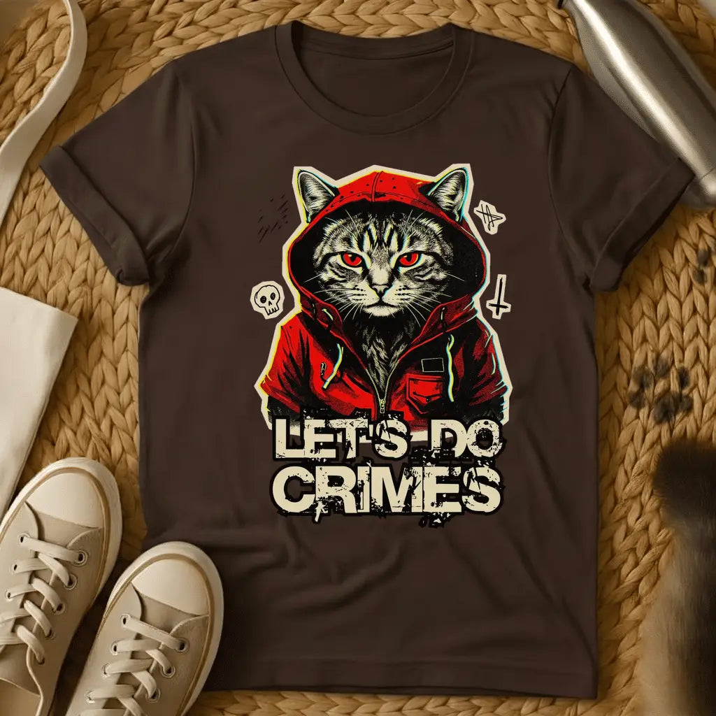Dark Chocolate - White t-shirt with a menacing hooded gray tabby cat with red eyes wearing a red hoodie above the words Let's Do Crimes
