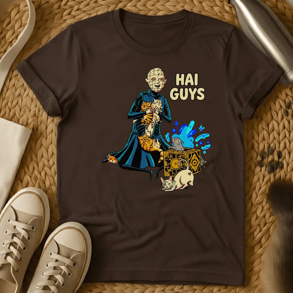 Dark Chocolate - Olive green t-shirt featuring an illustrated character holding cats with magical effects and "HAI GUYS" text in anime style.