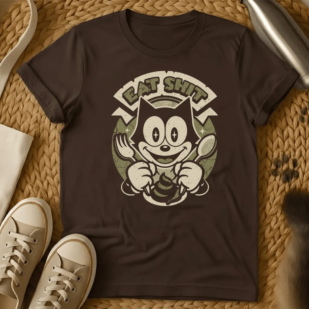 Dark Chocolate - Dark grey t-shirt with a retro cartoon cat holding fork and spoon over a poop emoji with text reading Eat Shit in a vintage badge design