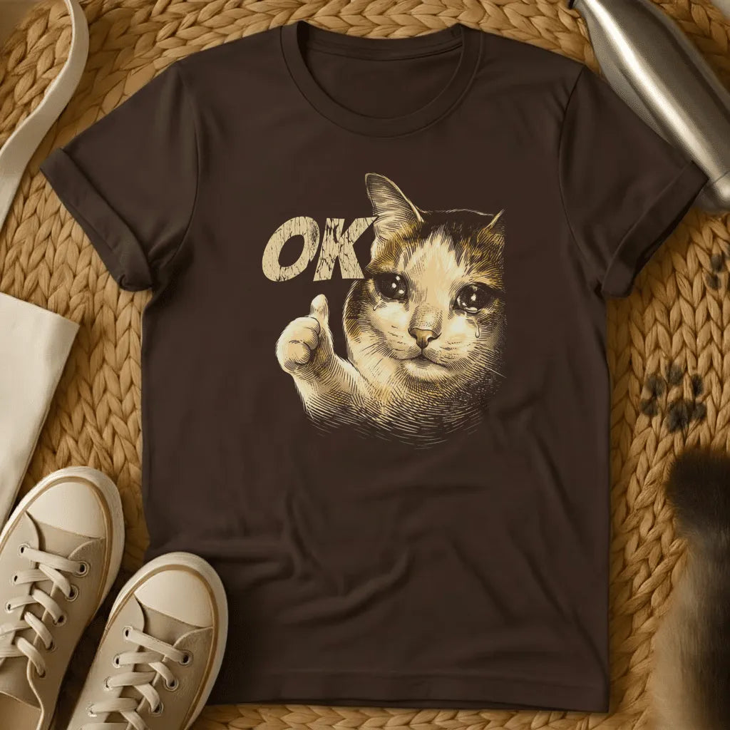 Dark Chocolate - Dark heather t-shirt with a Victorian engraving of a crying cat giving a thumbs-up next to the word OK