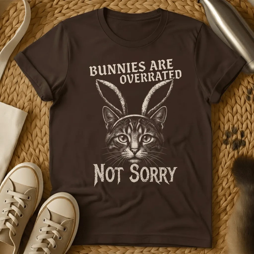 Dark Chocolate - Forest green t-shirt with a stern engraved tabby cat wearing bunny ears and gothic text reading Bunnies Are Overrated Not Sorry