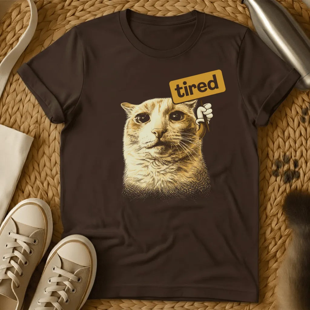 Dark Chocolate - Dark grey t-shirt with sepia engraving-style cat holding a golden sign reading tired in a cartoon hand