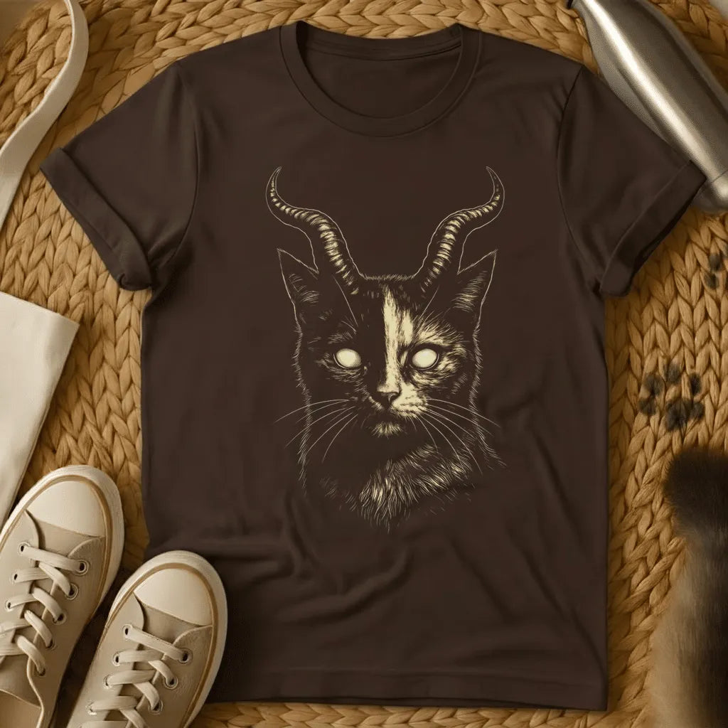 Dark Chocolate - Dark brown t-shirt featuring a mystical cat head with curved horns and glowing eyes in cream-colored ink illustration style