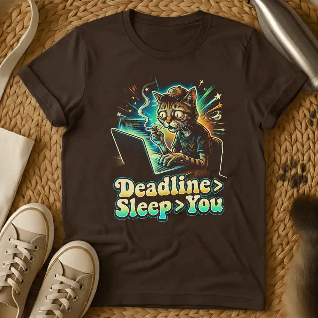 Dark Chocolate - Gray t-shirt featuring a colorful cartoon cat at a laptop with "Deadline > Sleep > You" text and neon glow effects
