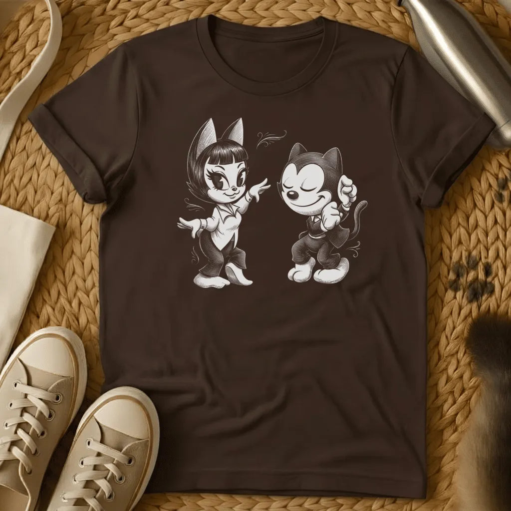 Dark Chocolate - Dark grey t-shirt with a black-and-white pencil sketch of two dancing anthropomorphic cats in vintage 1930s cartoon style