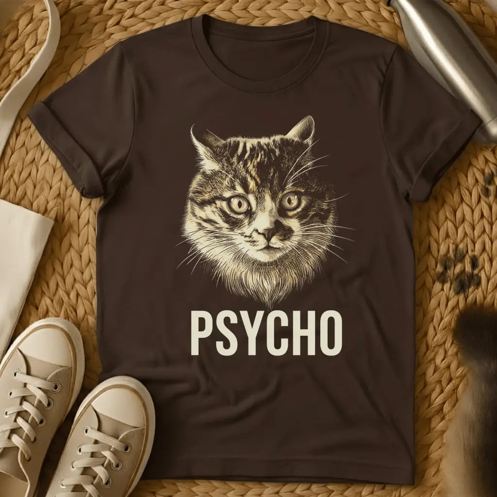 Dark Chocolate - Dark heather grey t-shirt with vintage engraving-style intense tabby cat face and bold PSYCHO text beneath