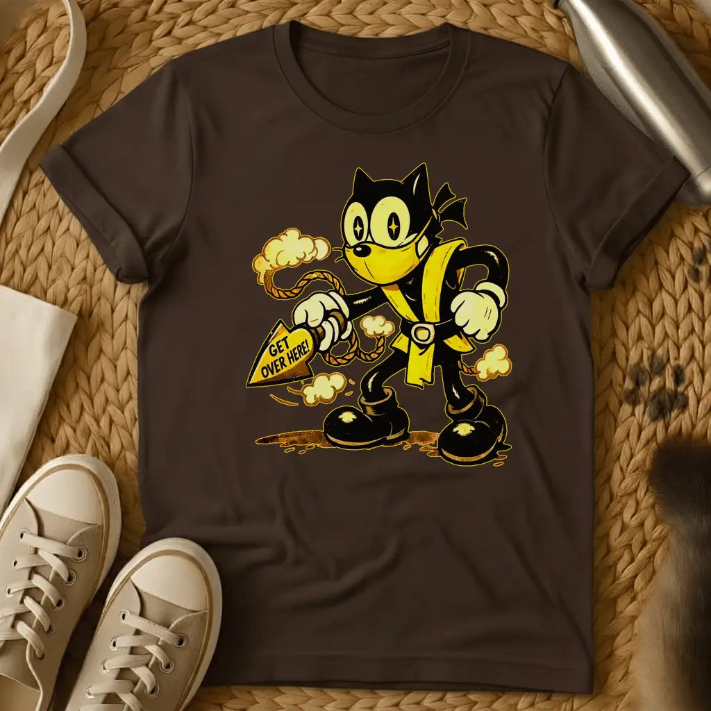 Dark Chocolate - Green t-shirt with a retro rubber-hose cartoon cat in ninja gear throwing a rope spear reading Get Over Here surrounded by smoke clouds
